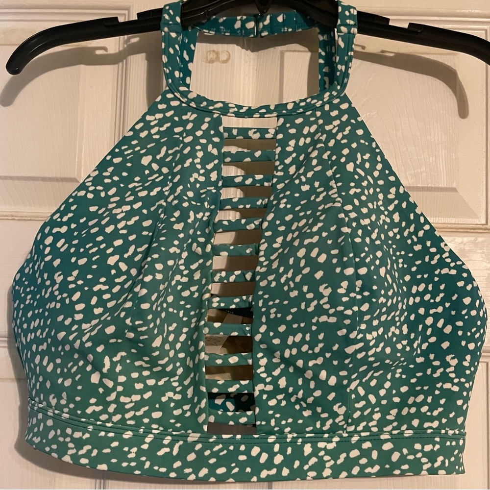 Cacique Teal and White swimsuit top and high waisted bottoms.